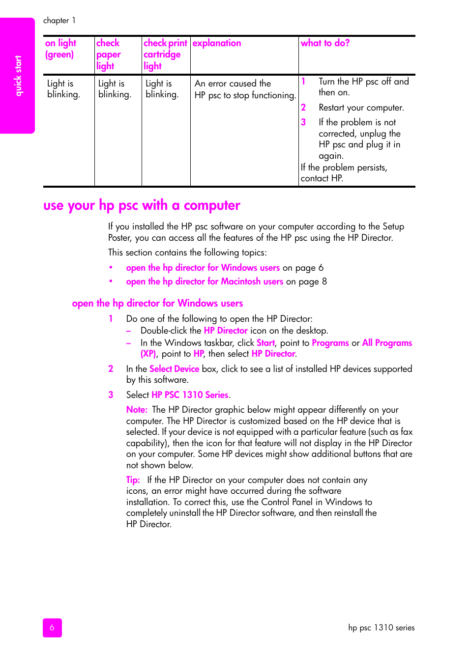 Use your hp psc with a computer, Open the hp director for windows users, Use your hp psc with a | Computer | HP PSC 1315 All-in-One Printer User Manual | Page 14 / 78