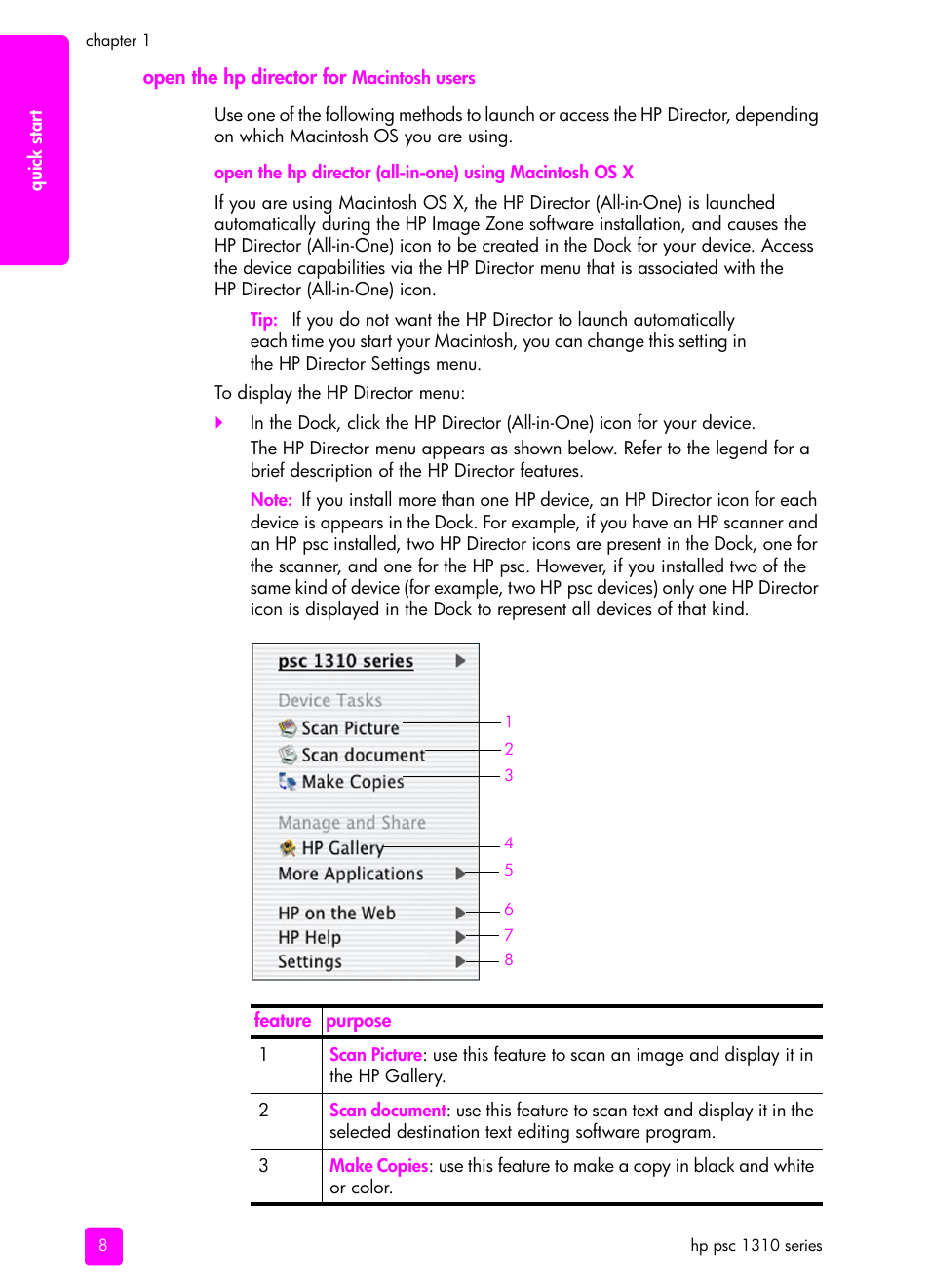 Open the hp director for macintosh users | HP PSC 1315 All-in-One Printer User Manual | Page 16 / 78