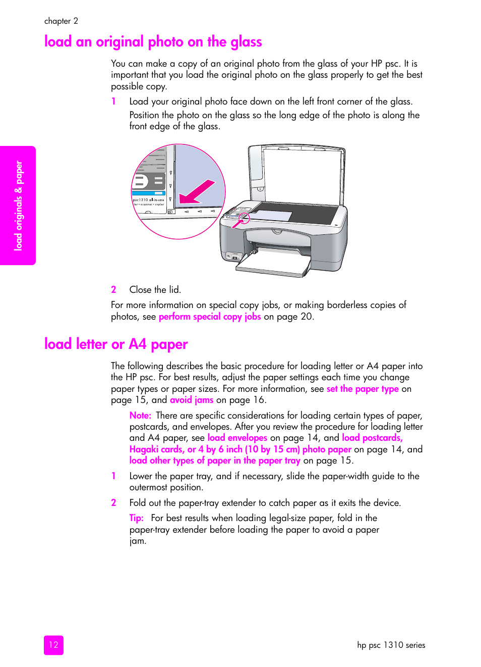 Load an original photo on the glass, Load letter or a4 paper | HP PSC 1315 All-in-One Printer User Manual | Page 20 / 78