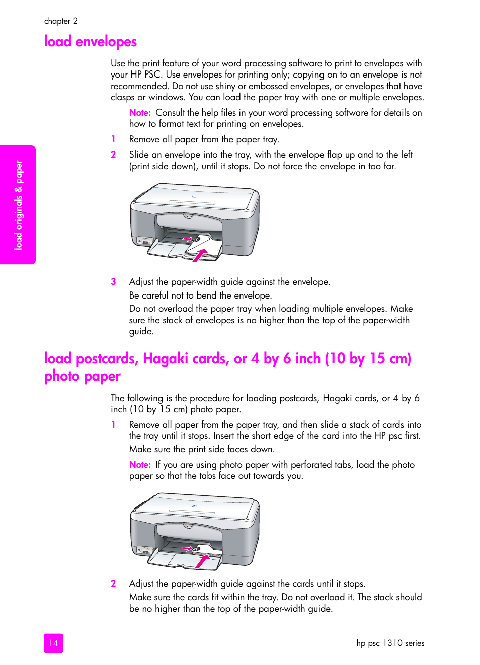 Load envelopes, Load postcards | HP PSC 1315 All-in-One Printer User Manual | Page 22 / 78