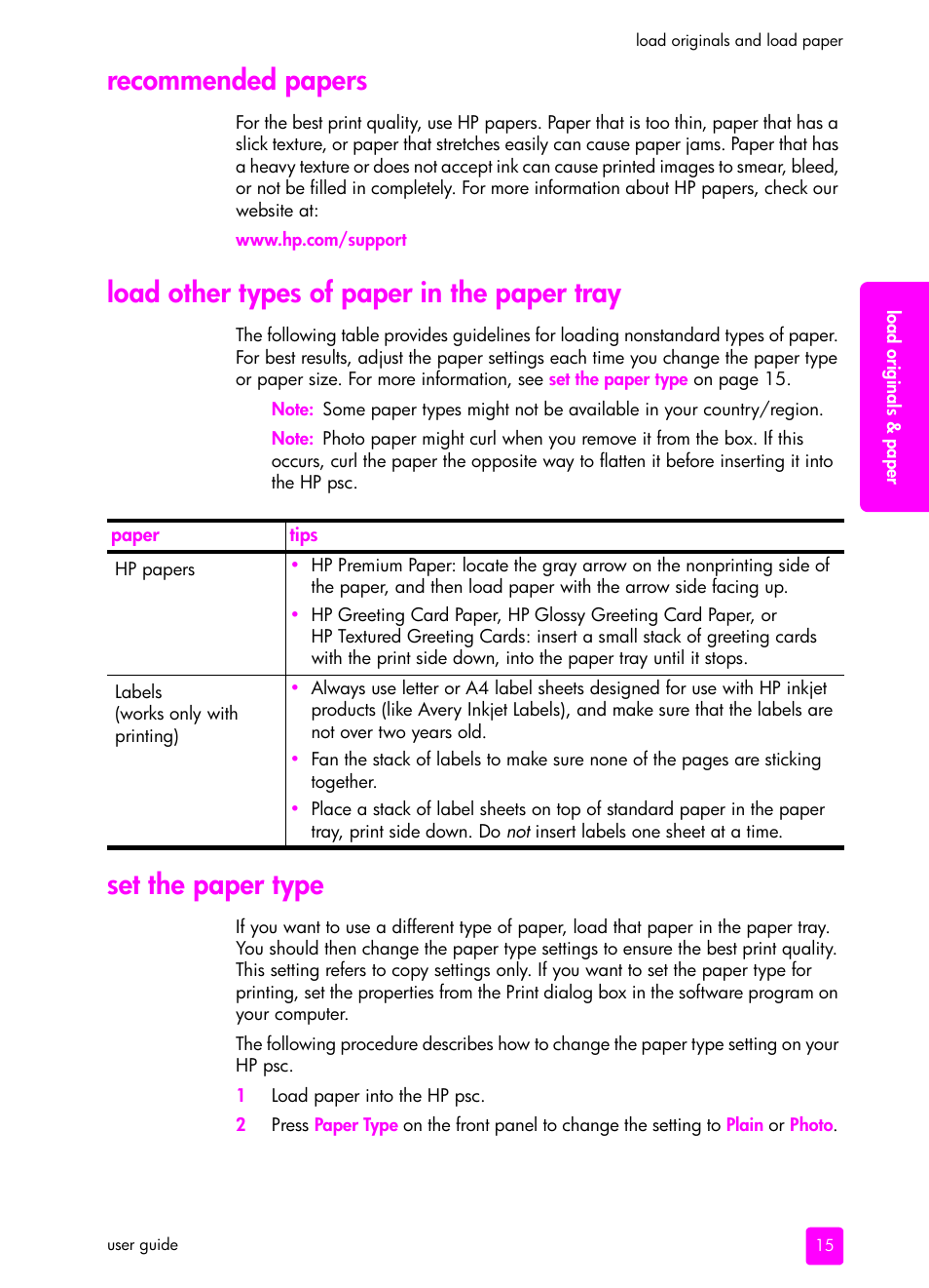 Recommended papers, Load other types of paper in the paper tray, Set the paper type | HP PSC 1315 All-in-One Printer User Manual | Page 23 / 78