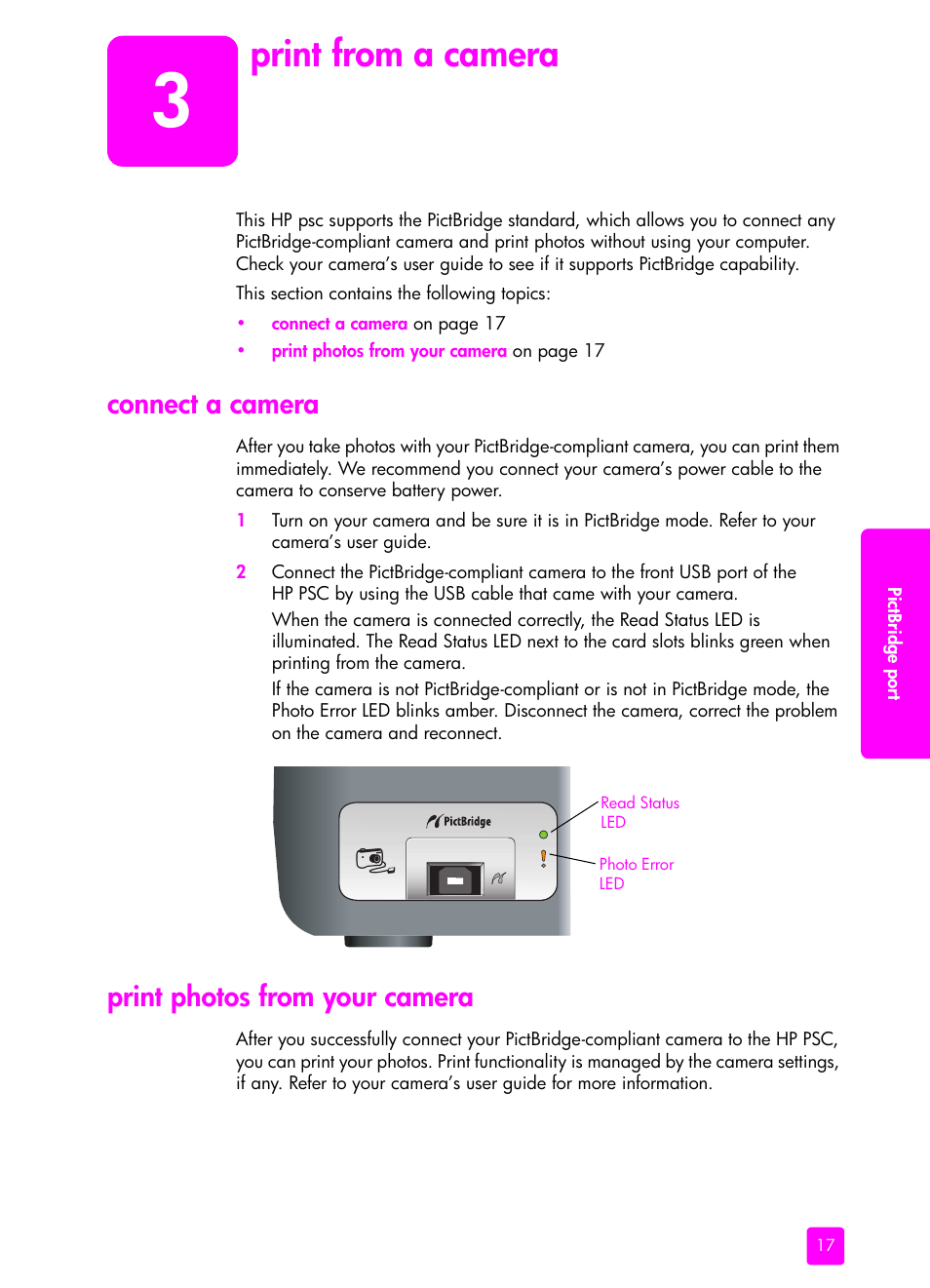 Print from a camera, Connect a camera, Print photos from your camera | Connect a camera print photos from your camera, Print from a, Camera | HP PSC 1315 All-in-One Printer User Manual | Page 25 / 78