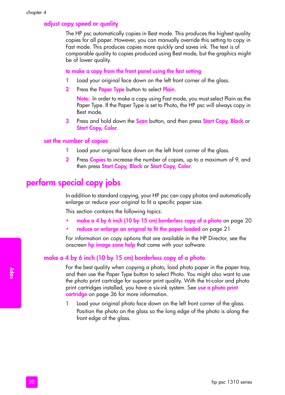 Adjust copy speed or quality, Set the number of copies, Perform special copy jobs | HP PSC 1315 All-in-One Printer User Manual | Page 28 / 78