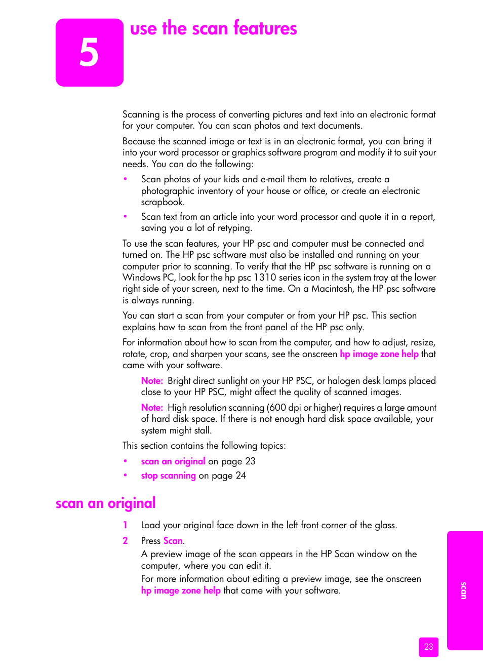 Use the scan features, Scan an original, 5 use the scan features | HP PSC 1315 All-in-One Printer User Manual | Page 31 / 78