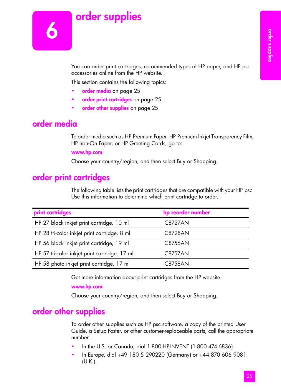 Order supplies, Order media, Order print cartridges | Order other supplies, 6 order supplies | HP PSC 1315 All-in-One Printer User Manual | Page 33 / 78