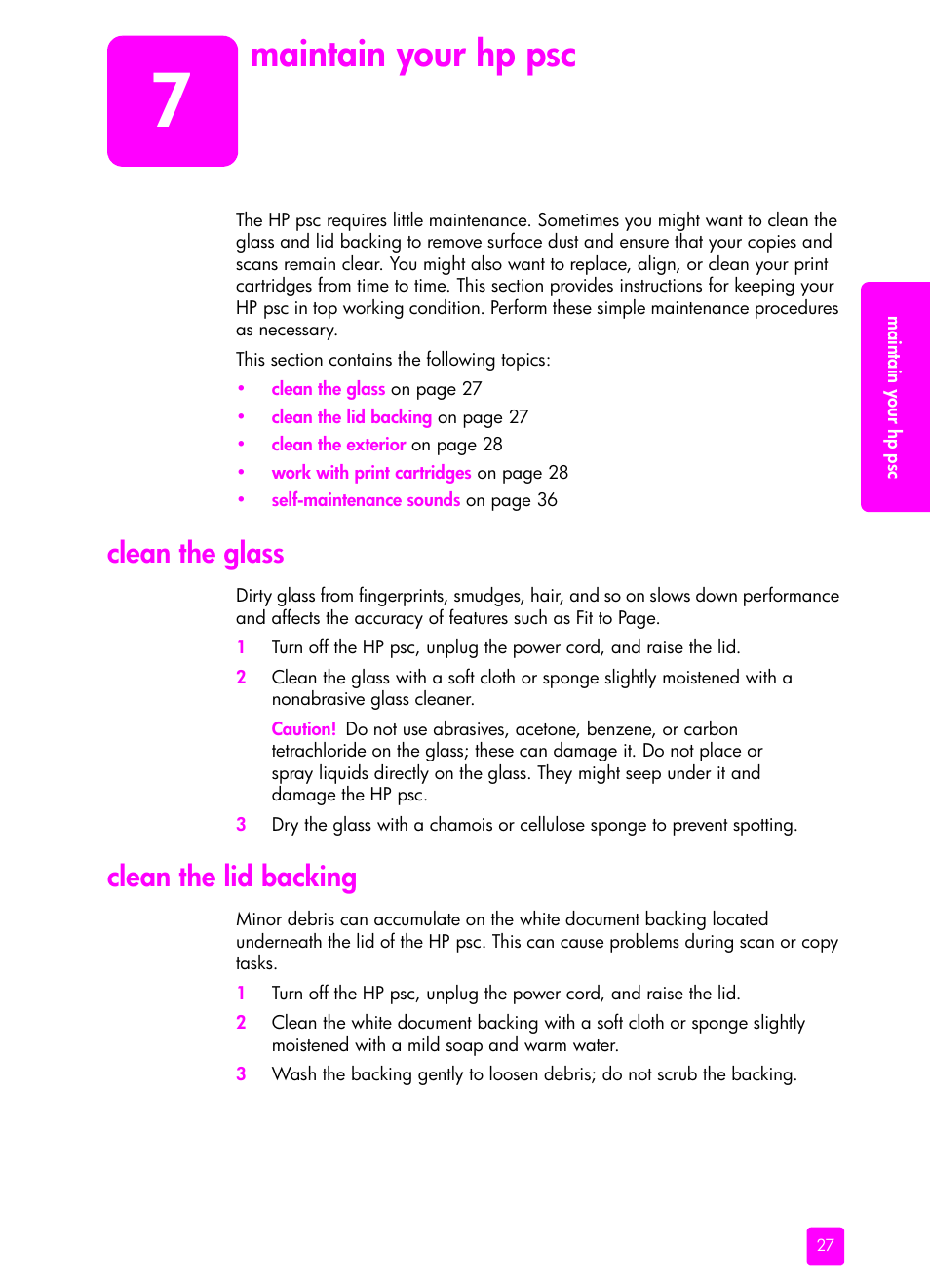 Maintain your hp psc, Clean the glass, Clean the lid backing | 7 maintain your hp psc, Clean the glass clean the lid backing | HP PSC 1315 All-in-One Printer User Manual | Page 35 / 78