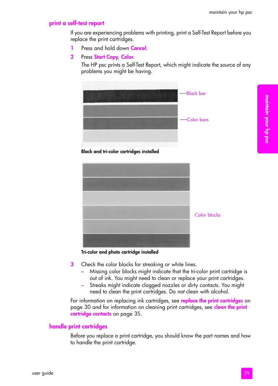 Print a self-test report, Handle print cartridges | HP PSC 1315 All-in-One Printer User Manual | Page 37 / 78