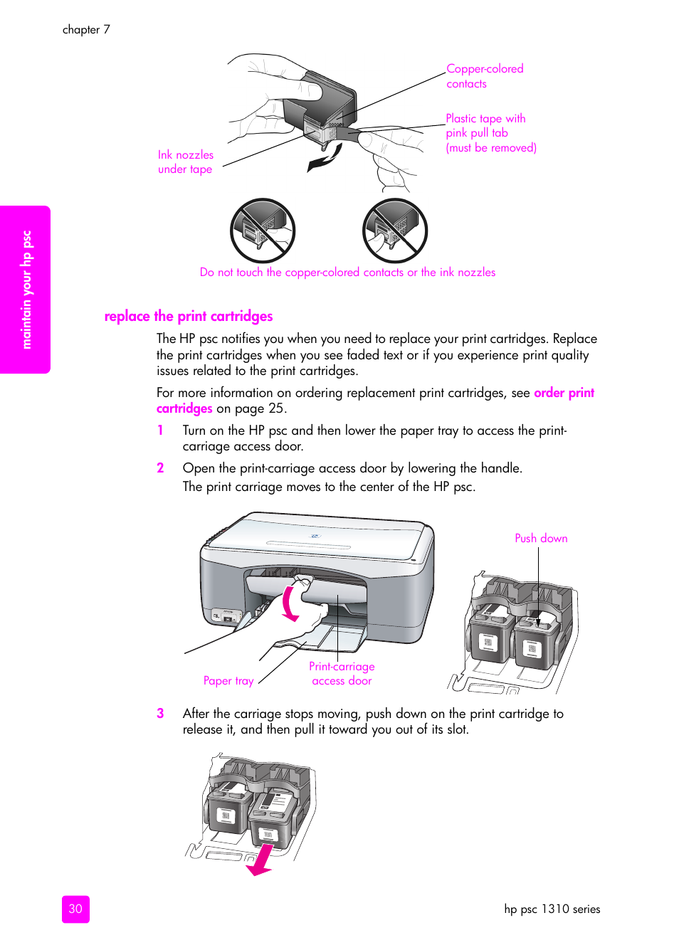 Replace the print cartridges | HP PSC 1315 All-in-One Printer User Manual | Page 38 / 78