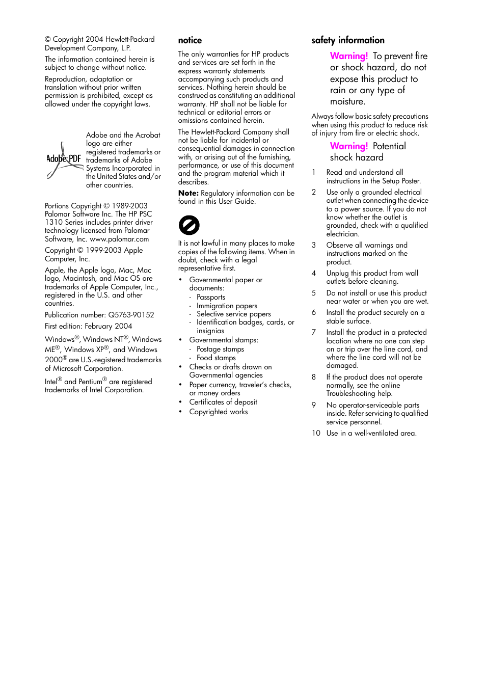 Notice, Warning! potential shock hazard | HP PSC 1315 All-in-One Printer User Manual | Page 4 / 78