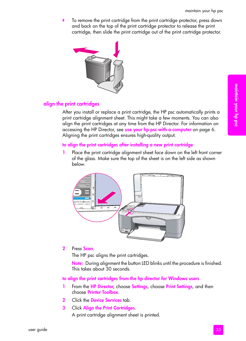 Align the print cartridges, Align the print, Cartridges | HP PSC 1315 All-in-One Printer User Manual | Page 41 / 78