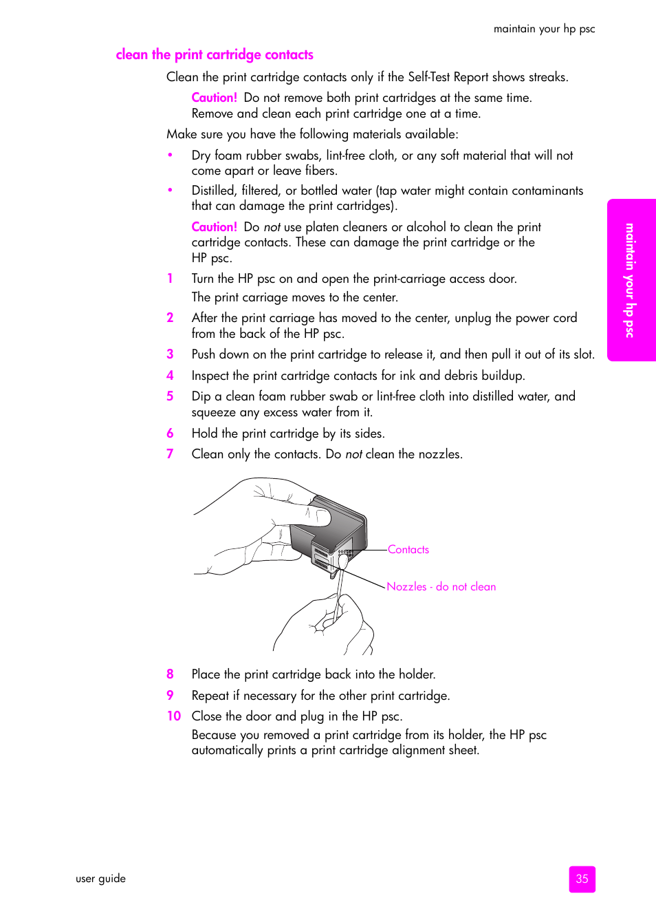 Clean the print cartridge contacts, Clean the print, Cartridge contacts | HP PSC 1315 All-in-One Printer User Manual | Page 43 / 78