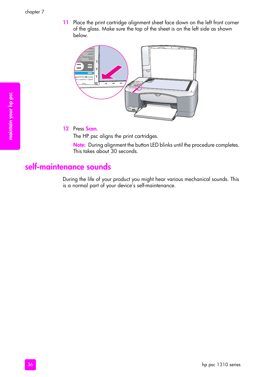 Self-maintenance sounds | HP PSC 1315 All-in-One Printer User Manual | Page 44 / 78