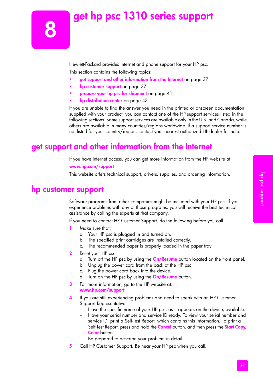Get hp psc 1310 series support, Hp customer support, 8 get hp psc 1310 series support | HP PSC 1315 All-in-One Printer User Manual | Page 45 / 78