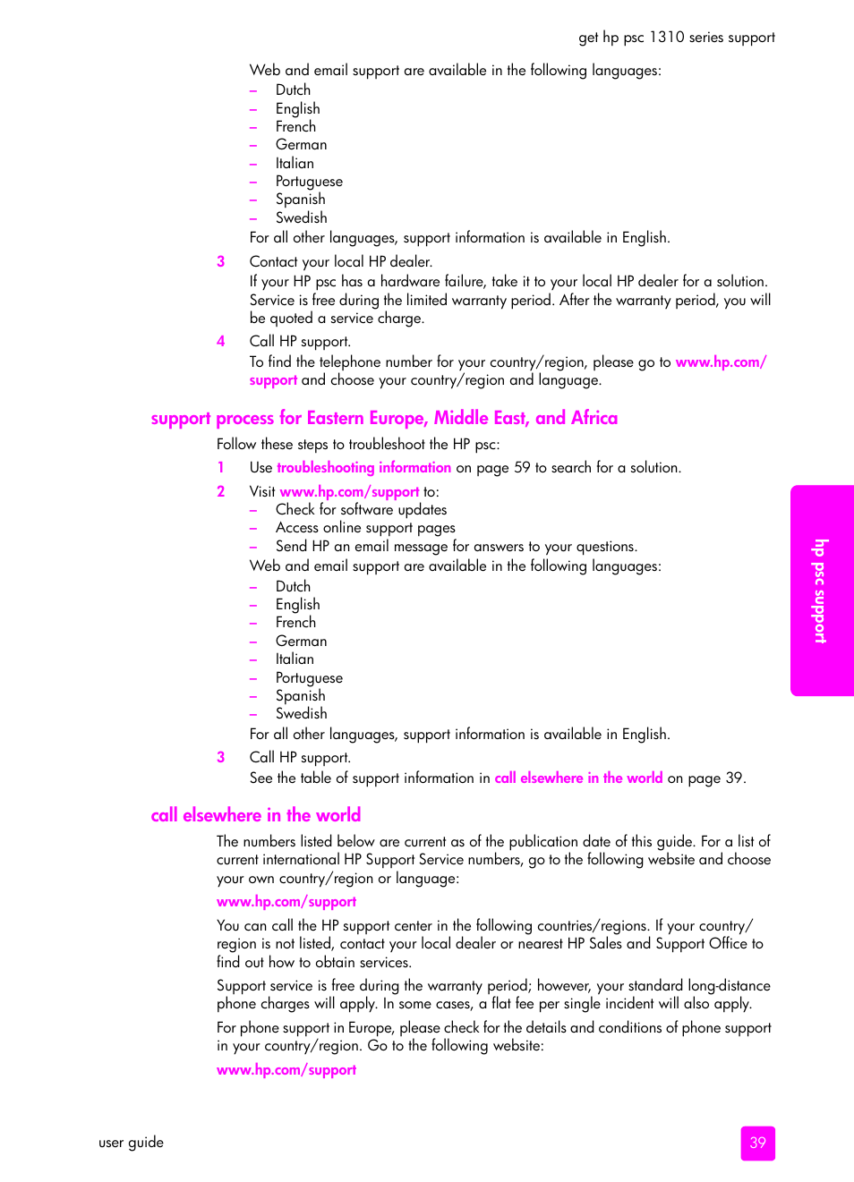 Call elsewhere in the world | HP PSC 1315 All-in-One Printer User Manual | Page 47 / 78