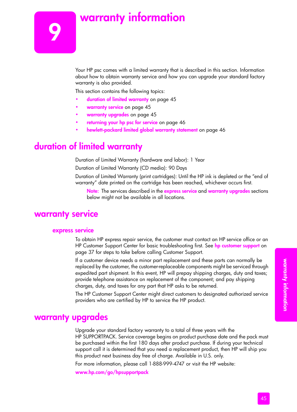 Warranty information, Duration of limited warranty, Warranty service | Express service, Warranty upgrades, 9 warranty information | HP PSC 1315 All-in-One Printer User Manual | Page 53 / 78