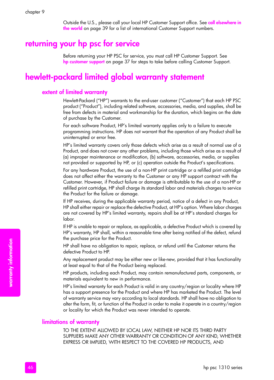 Returning your hp psc for service, Hewlett-packard limited global warranty statement, Extent of limited warranty | Limitations of warranty | HP PSC 1315 All-in-One Printer User Manual | Page 54 / 78