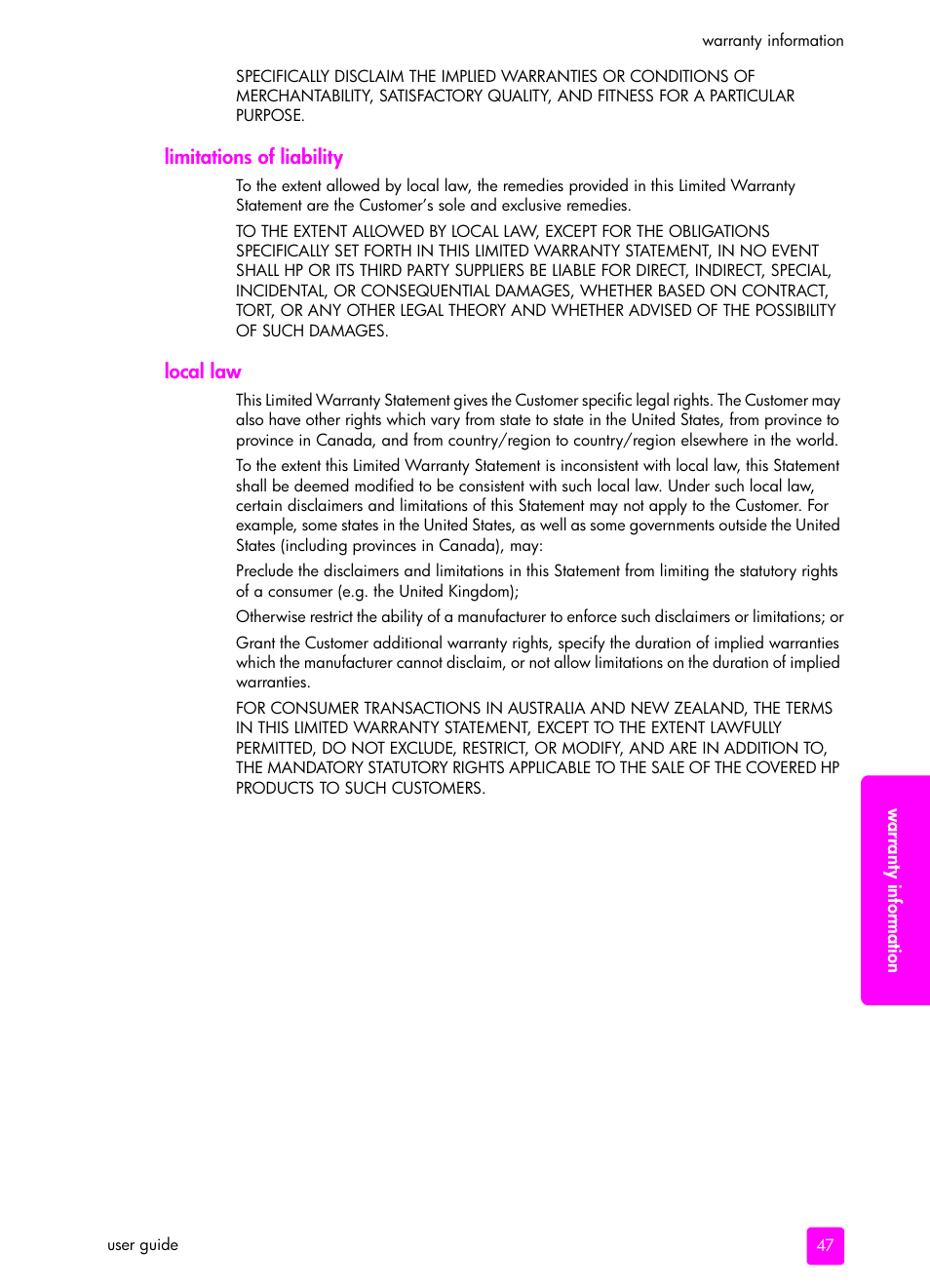 Limitations of liability, Local law | HP PSC 1315 All-in-One Printer User Manual | Page 55 / 78