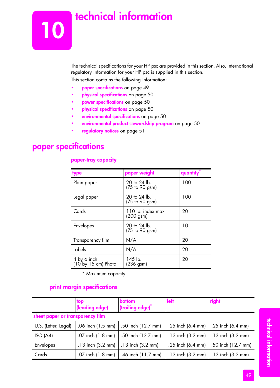 Technical information, Paper specifications, Print margin specifications | 10 technical information | HP PSC 1315 All-in-One Printer User Manual | Page 57 / 78