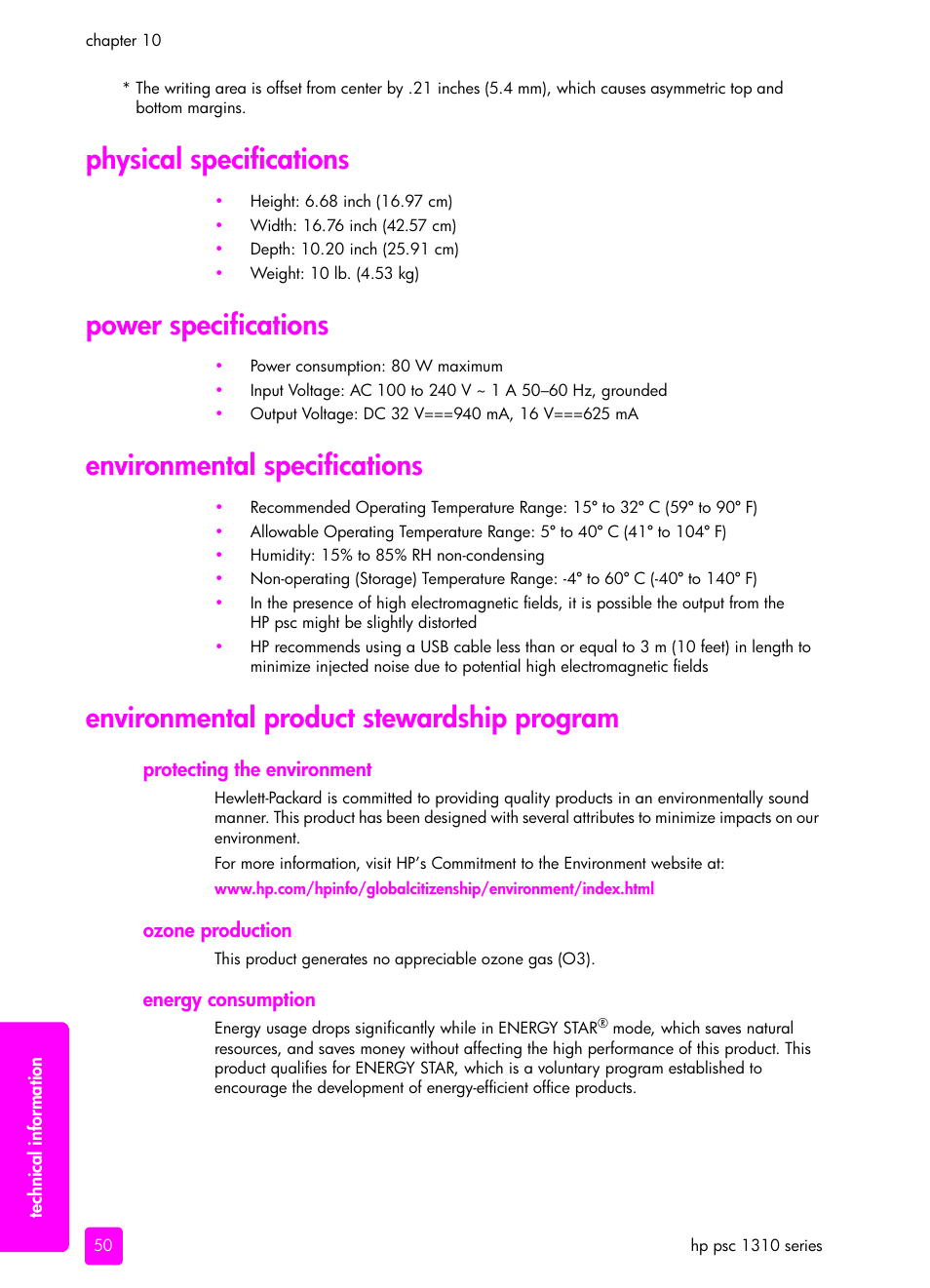Physical specifications, Power specifications, Environmental specifications | Environmental product stewardship program, Protecting the environment, Ozone production, Energy consumption | HP PSC 1315 All-in-One Printer User Manual | Page 58 / 78