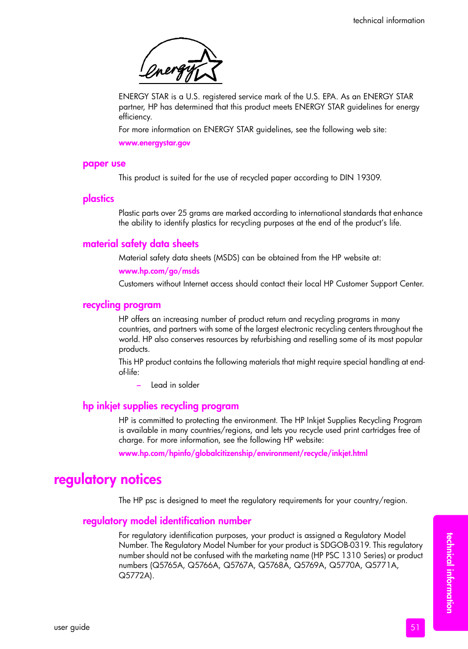 Paper use, Plastics, Material safety data sheets | Recycling program, Hp inkjet supplies recycling program, Regulatory notices, Regulatory model identification number | HP PSC 1315 All-in-One Printer User Manual | Page 59 / 78