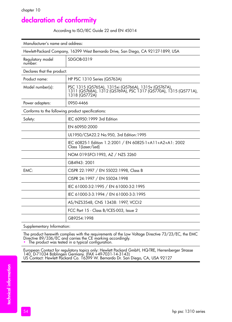 Declaration of conformity | HP PSC 1315 All-in-One Printer User Manual | Page 62 / 78