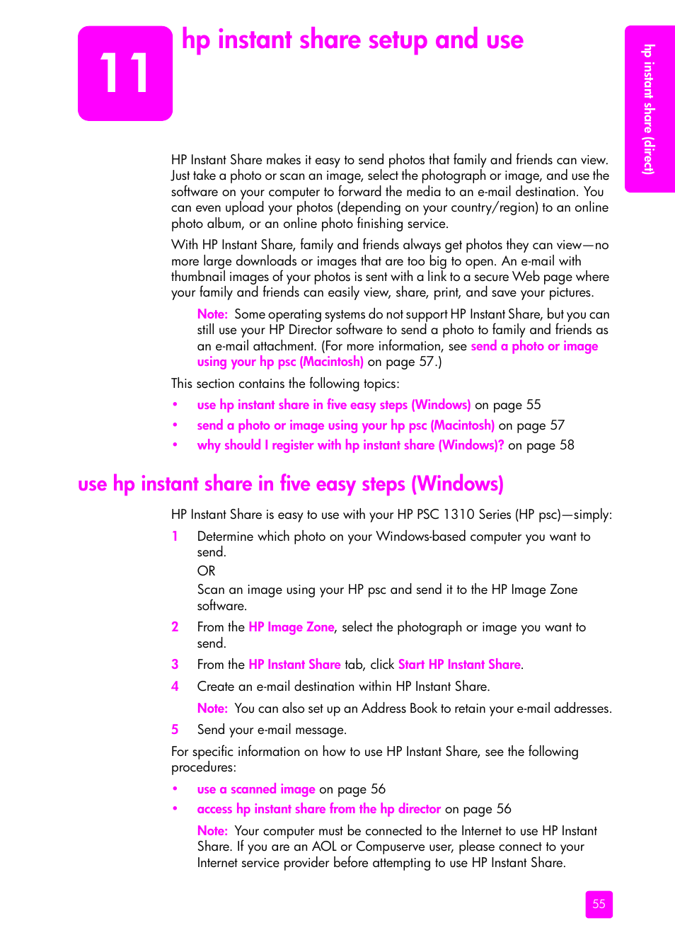 Hp instant share setup and use, Use hp instant share in five easy steps (windows), 11 hp instant share setup and use | HP PSC 1315 All-in-One Printer User Manual | Page 63 / 78