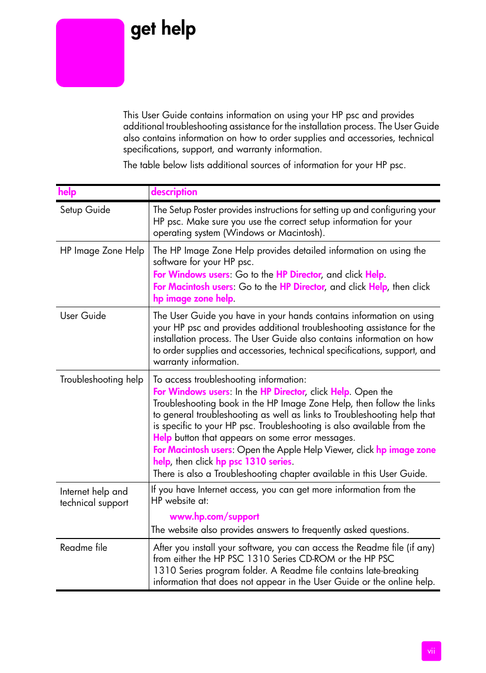 Get help | HP PSC 1315 All-in-One Printer User Manual | Page 7 / 78
