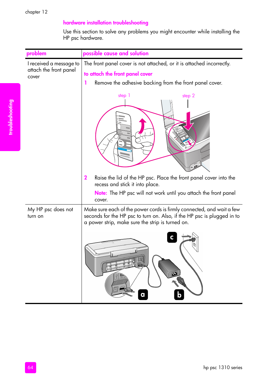 Received a message to attach the front panel cover | HP PSC 1315 All-in-One Printer User Manual | Page 72 / 78