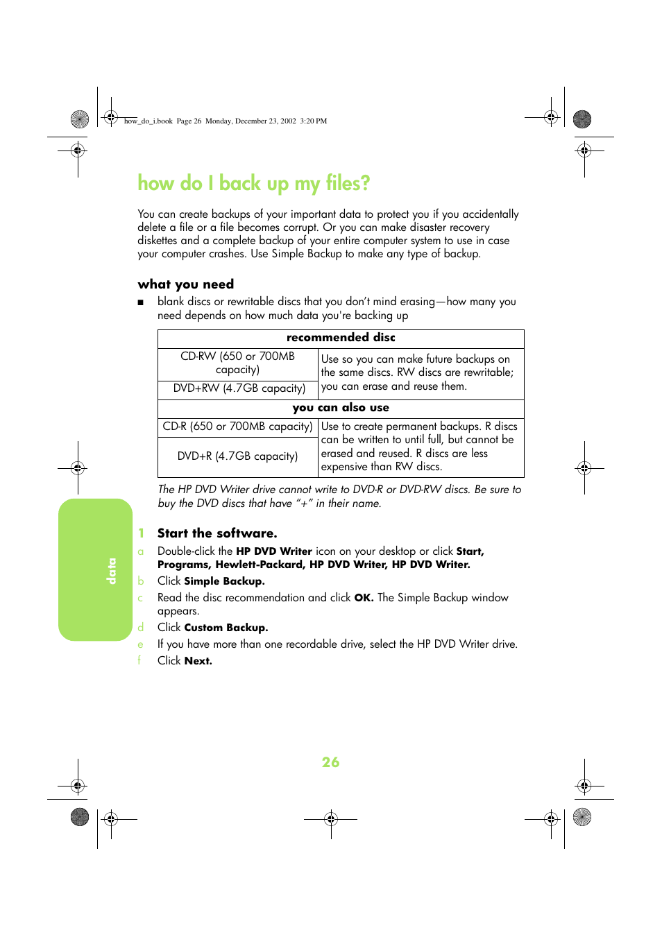 How do i back up my files | HP DVD-Writer dvd300e User Manual | Page 28 / 38