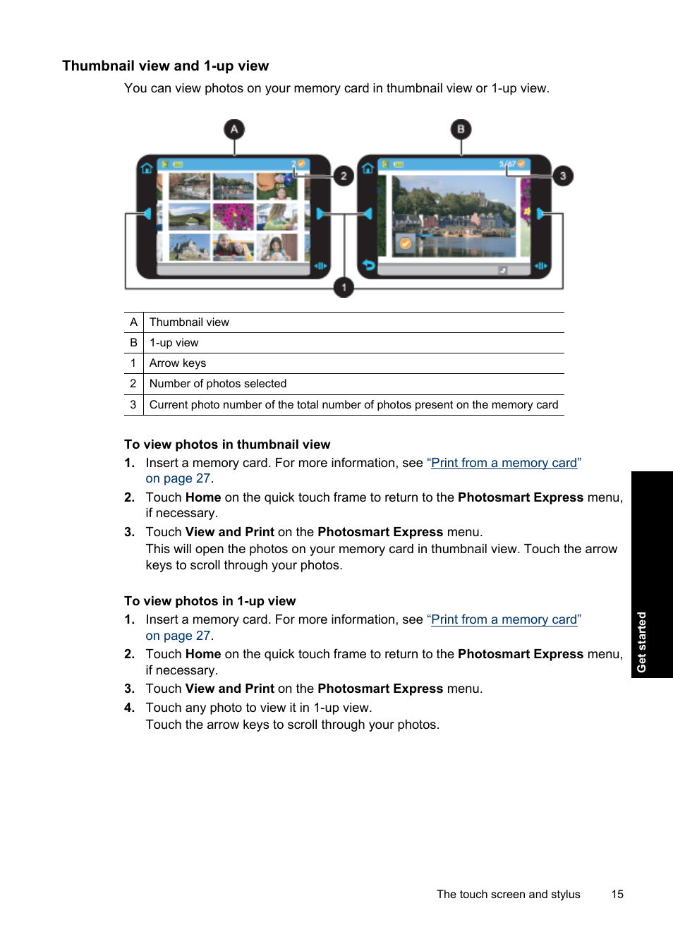 Thumbnail view and 1-up view | HP Photosmart A637 Compact Photo Printer User Manual | Page 17 / 98