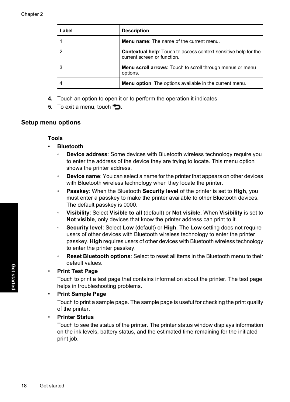 Setup menu options | HP Photosmart A637 Compact Photo Printer User Manual | Page 20 / 98