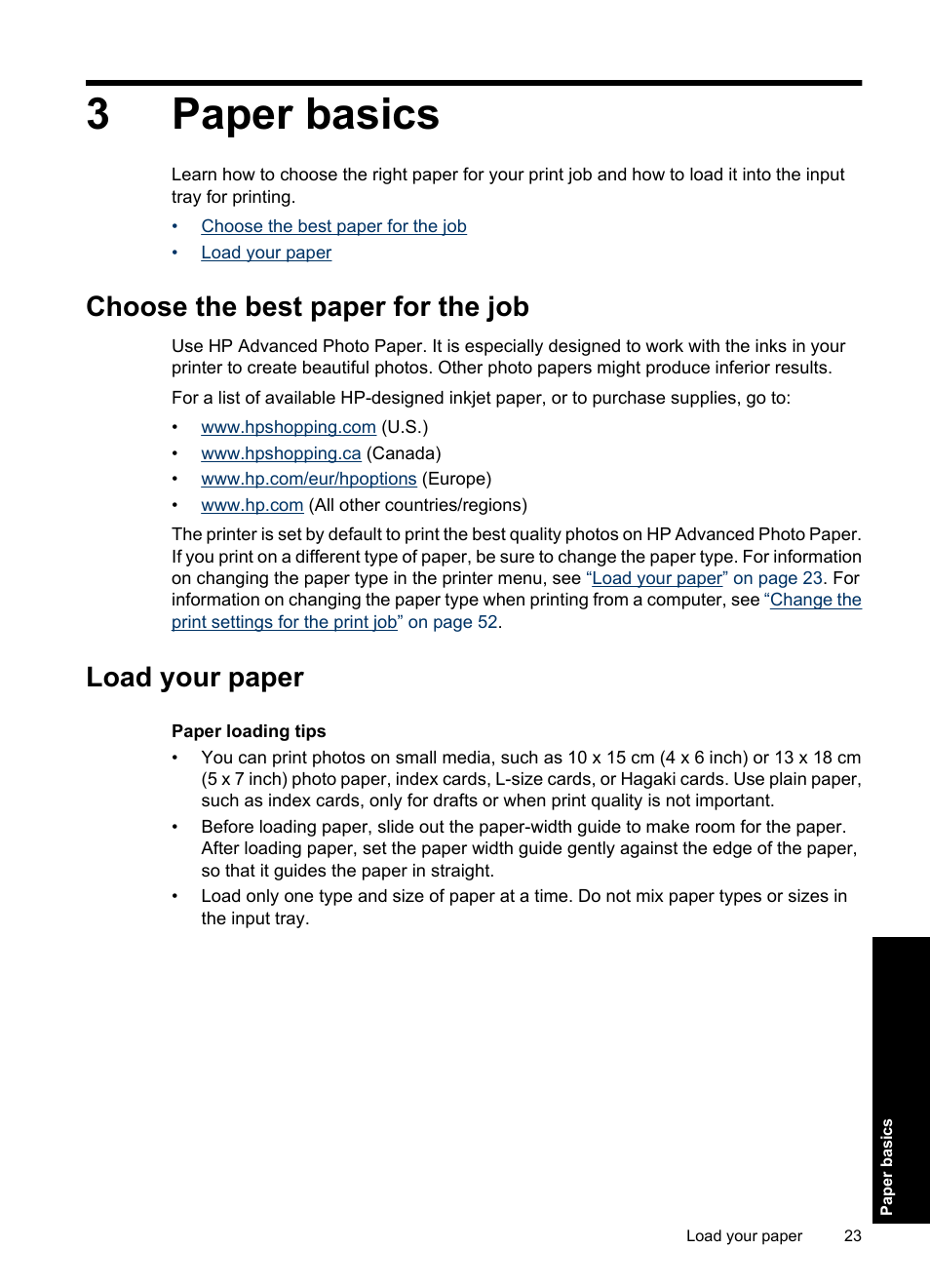 Paper basics, Choose the best paper for the job, Load your paper | 3 paper basics, Choose the best paper for the job load your paper, 3paper basics | HP Photosmart A637 Compact Photo Printer User Manual | Page 25 / 98