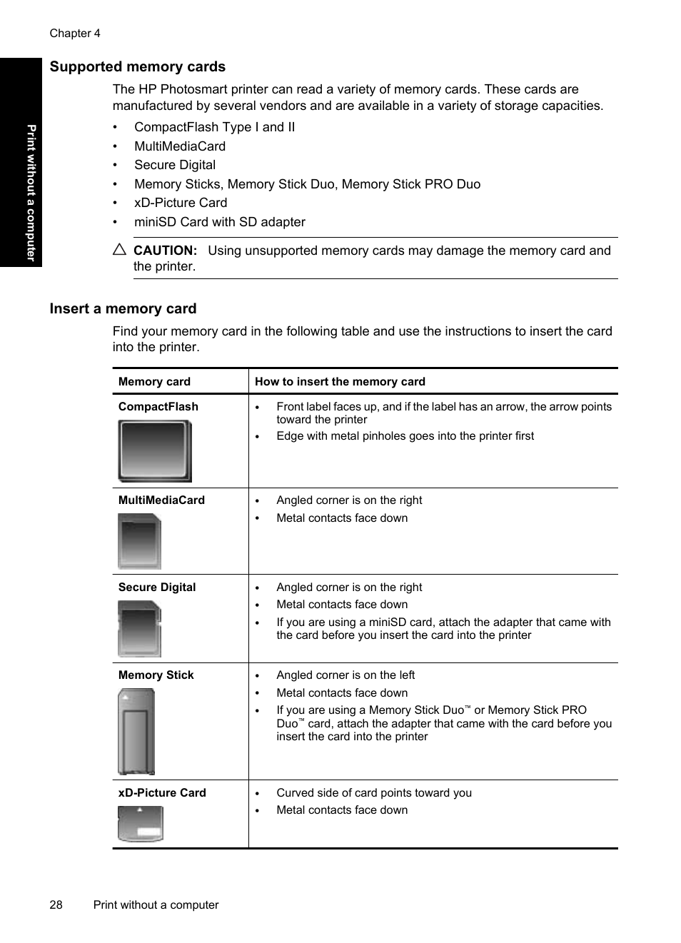 Supported memory cards, Insert a memory card | HP Photosmart A637 Compact Photo Printer User Manual | Page 30 / 98
