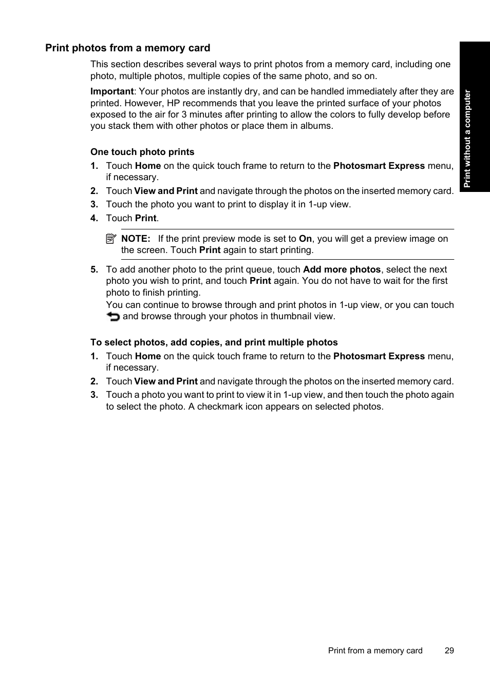 Print photos from a memory card | HP Photosmart A637 Compact Photo Printer User Manual | Page 31 / 98