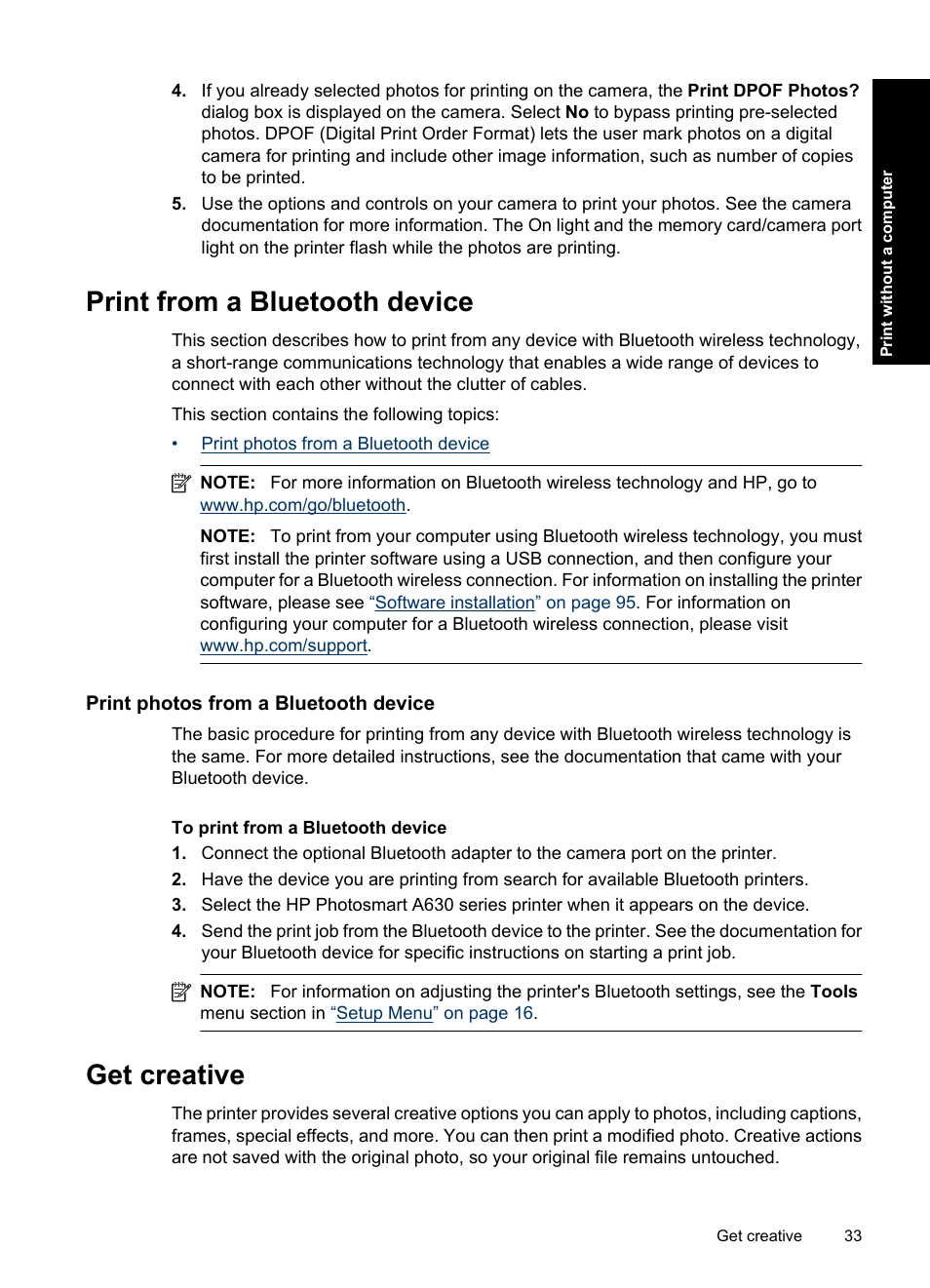 Print from a bluetooth device, Print photos from a bluetooth device, Get creative | Ation, see | HP Photosmart A637 Compact Photo Printer User Manual | Page 35 / 98