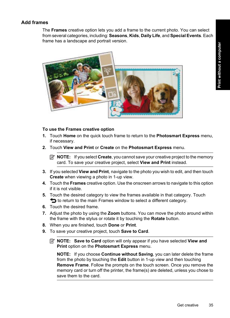 Add frames | HP Photosmart A637 Compact Photo Printer User Manual | Page 37 / 98