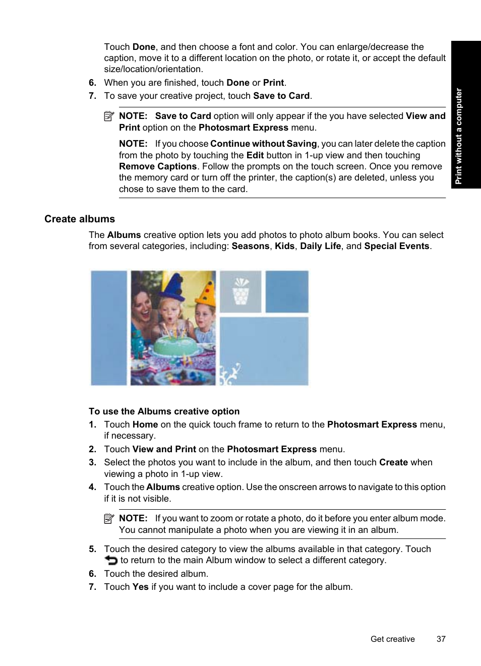 Create albums | HP Photosmart A637 Compact Photo Printer User Manual | Page 39 / 98