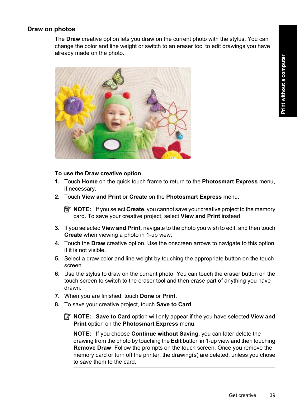 Draw on photos | HP Photosmart A637 Compact Photo Printer User Manual | Page 41 / 98