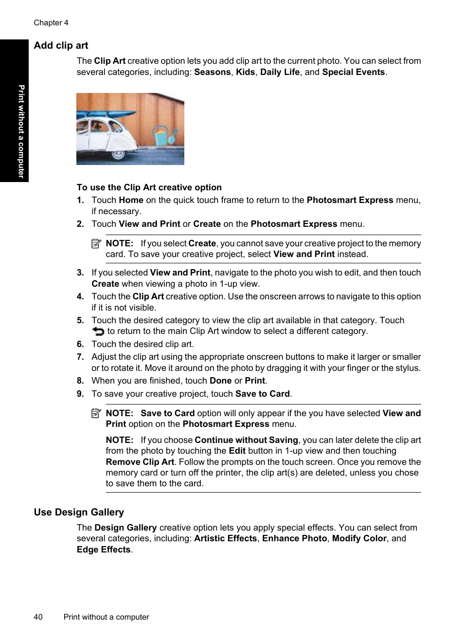 Add clip art, Use design gallery | HP Photosmart A637 Compact Photo Printer User Manual | Page 42 / 98
