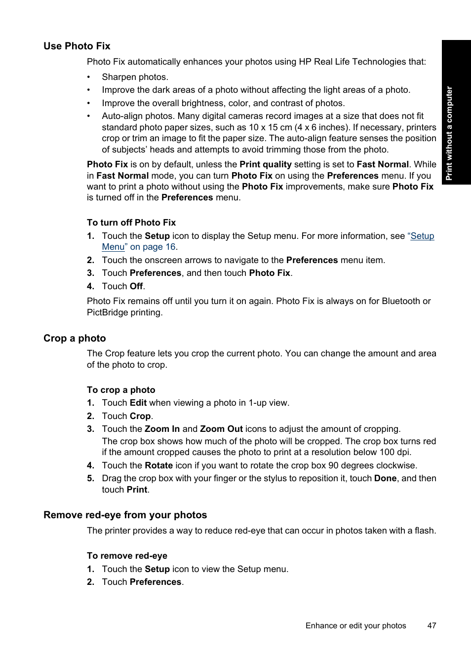 Use photo fix, Crop a photo, Remove red-eye from your photos | HP Photosmart A637 Compact Photo Printer User Manual | Page 49 / 98