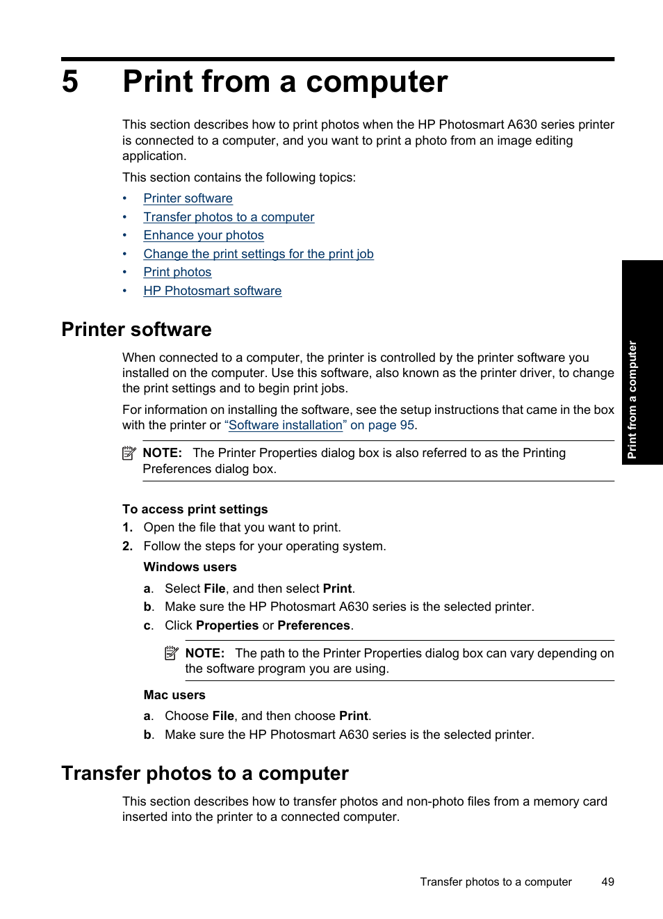 Print from a computer, Printer software, Transfer photos to a computer | 5 print from a computer, Printer software transfer photos to a computer, 5print from a computer | HP Photosmart A637 Compact Photo Printer User Manual | Page 51 / 98