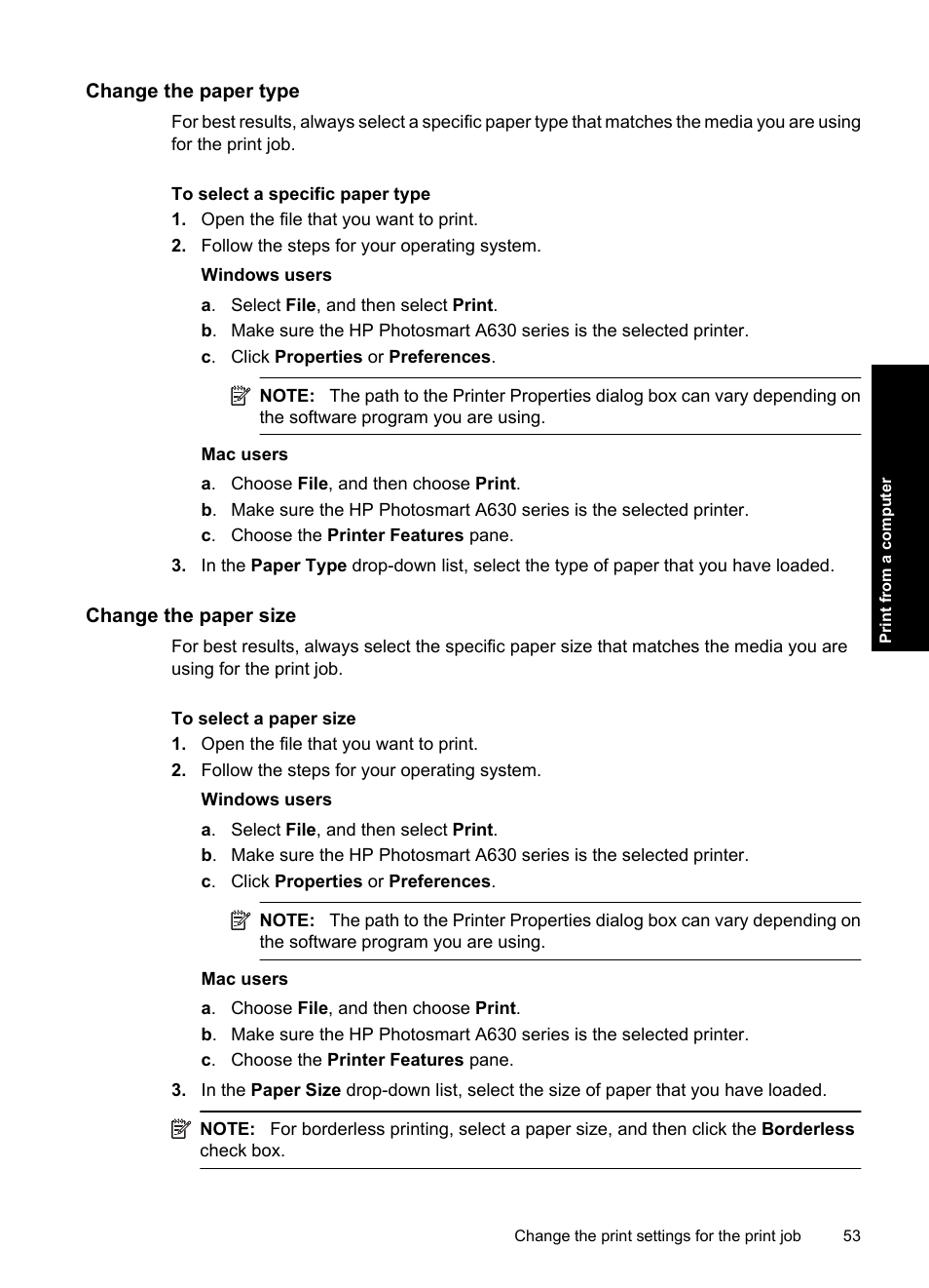 Change the paper type, Change the paper size | HP Photosmart A637 Compact Photo Printer User Manual | Page 55 / 98