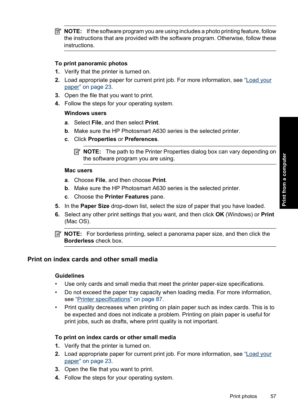 Print on index cards and other small media | HP Photosmart A637 Compact Photo Printer User Manual | Page 59 / 98