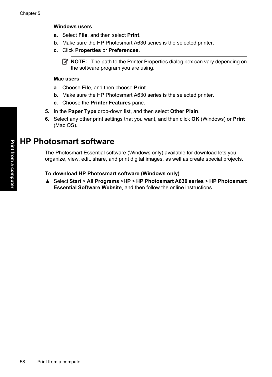 Hp photosmart software | HP Photosmart A637 Compact Photo Printer User Manual | Page 60 / 98