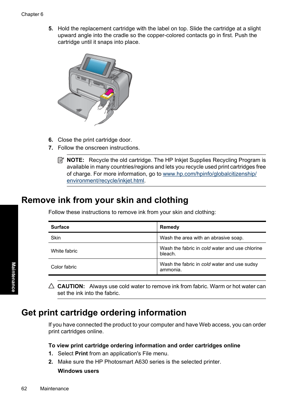 Remove ink from your skin and clothing, Get print cartridge ordering information | HP Photosmart A637 Compact Photo Printer User Manual | Page 64 / 98