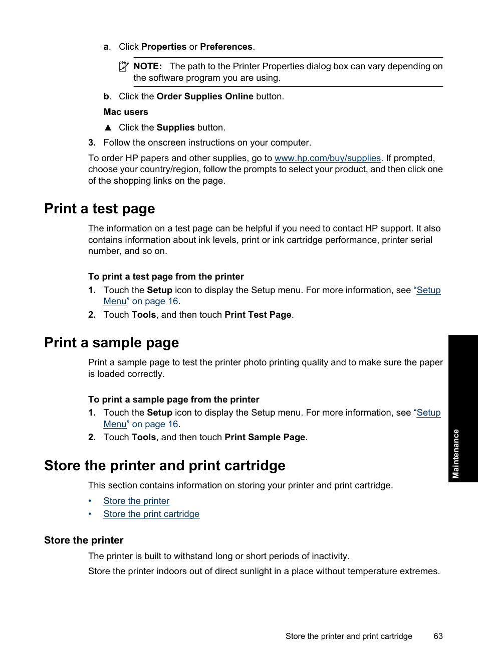 Store the printer and print cartridge, Store the printer, Store the printer store the print cartridge | Print a test page, Print a sample page | HP Photosmart A637 Compact Photo Printer User Manual | Page 65 / 98