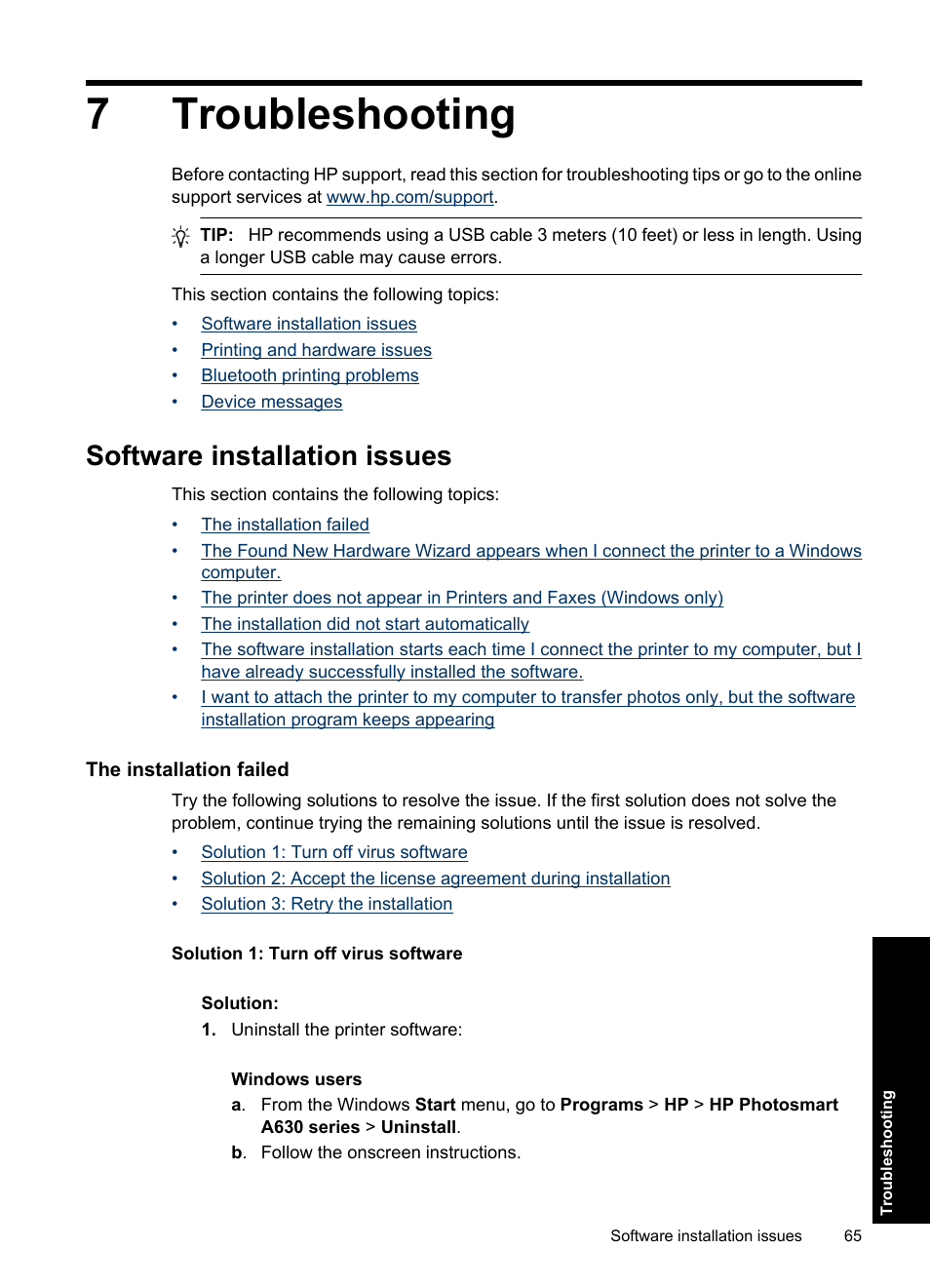Troubleshooting, Software installation issues, The installation failed | 7 troubleshooting, 7troubleshooting | HP Photosmart A637 Compact Photo Printer User Manual | Page 67 / 98