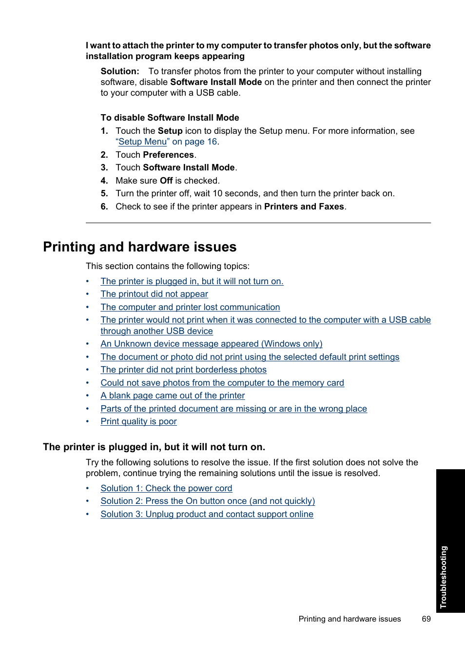 Printing and hardware issues, The printer is plugged in, but it will not turn on | HP Photosmart A637 Compact Photo Printer User Manual | Page 71 / 98