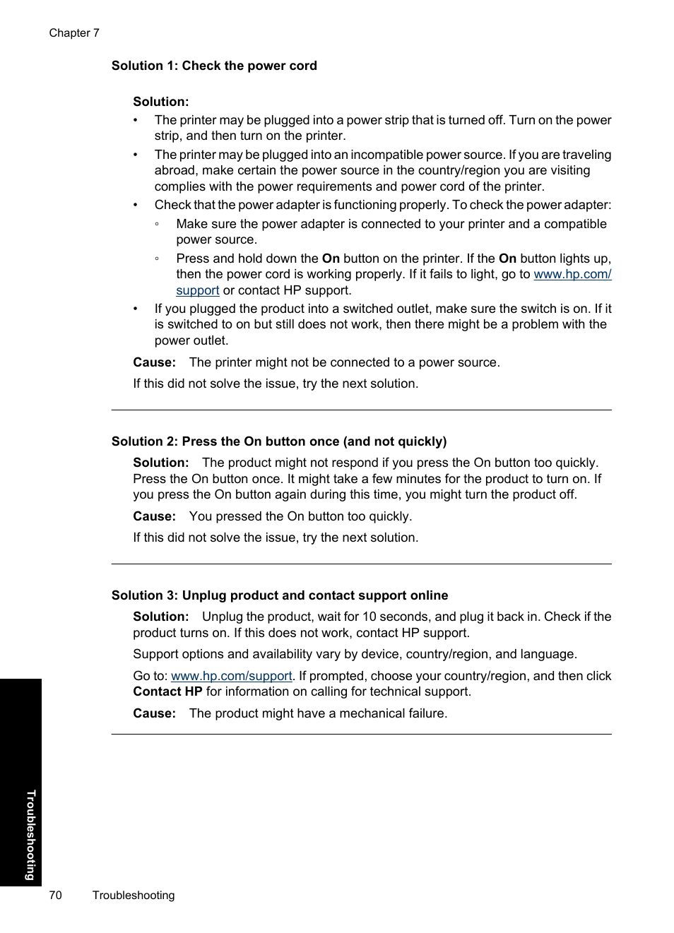 Solution 1: check the power cord | HP Photosmart A637 Compact Photo Printer User Manual | Page 72 / 98