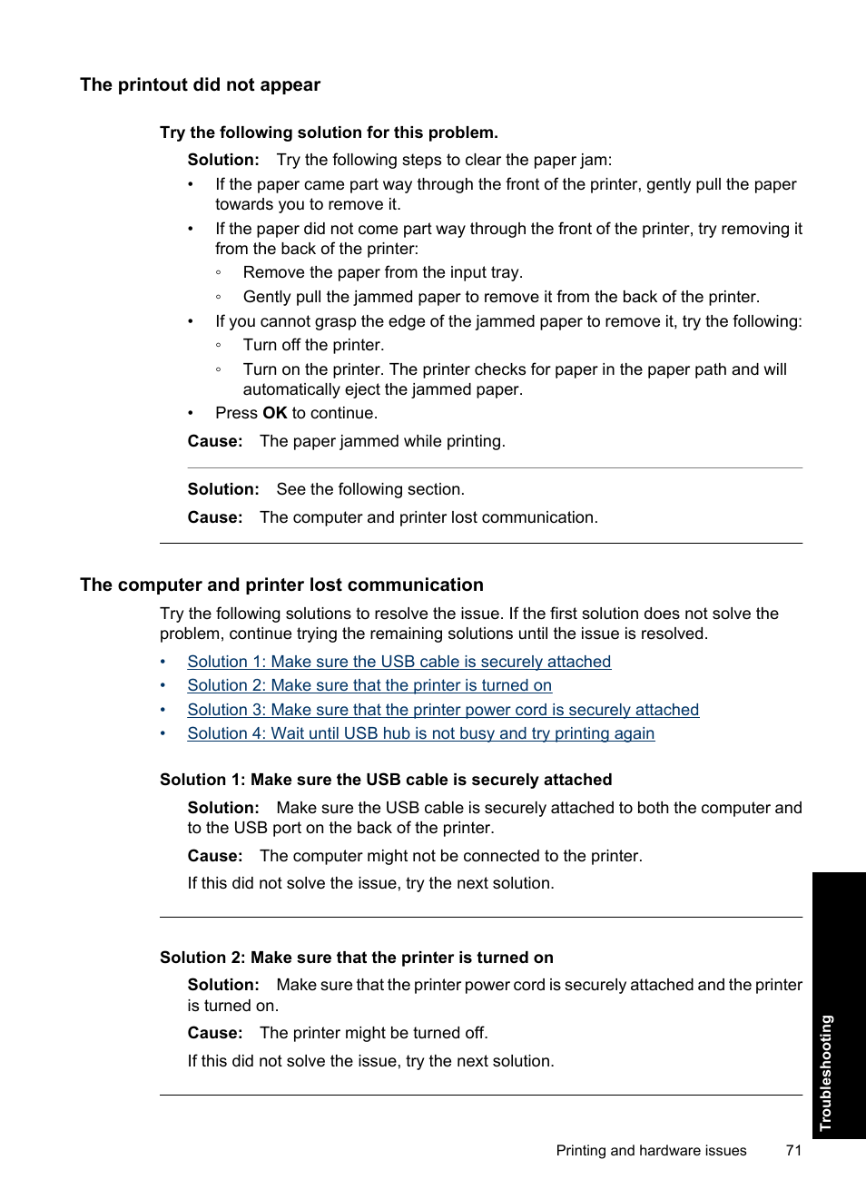 The printout did not appear, The computer and printer lost communication | HP Photosmart A637 Compact Photo Printer User Manual | Page 73 / 98